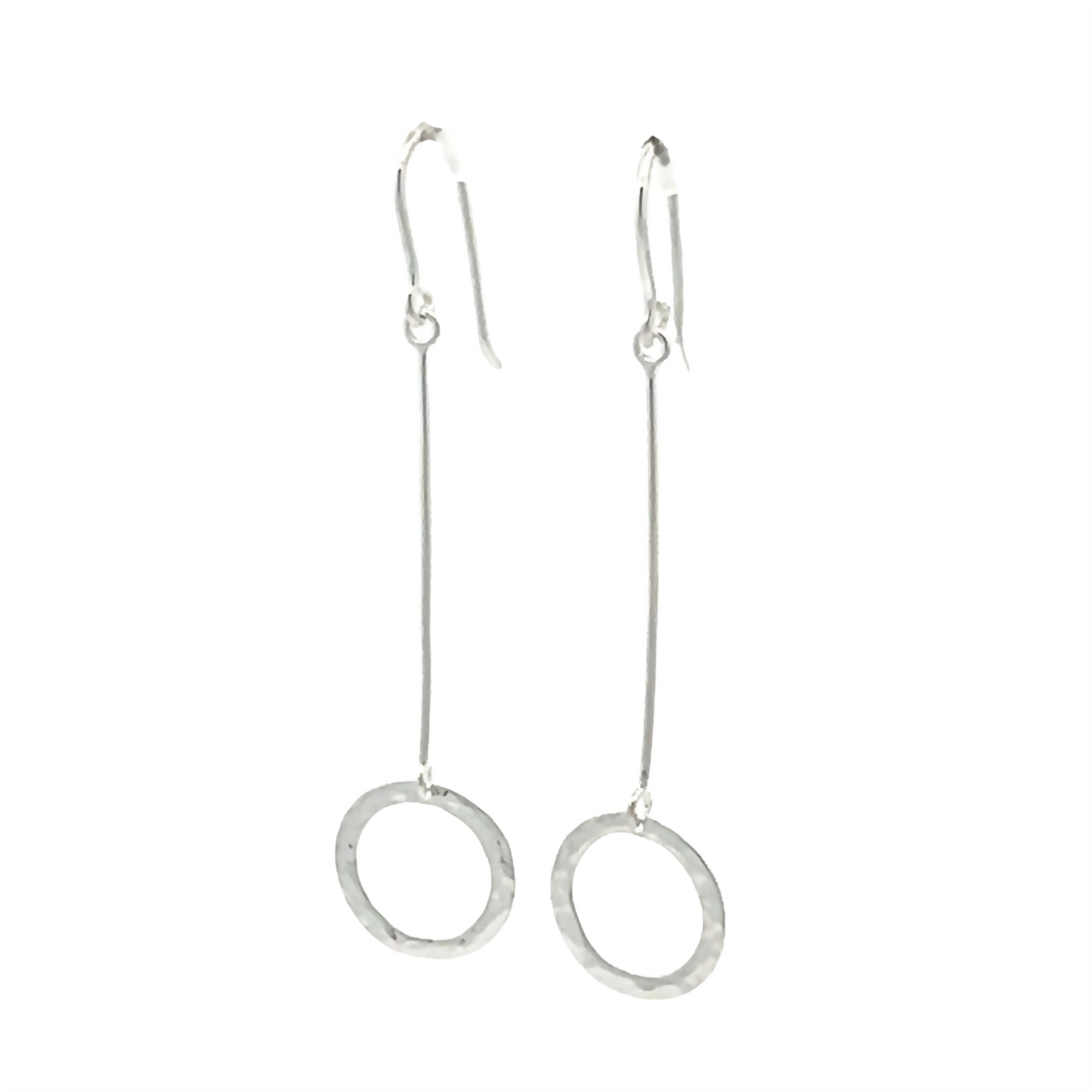 Pair of extra long silver drop earrings with open hammered circles at the bottom of long thin bars