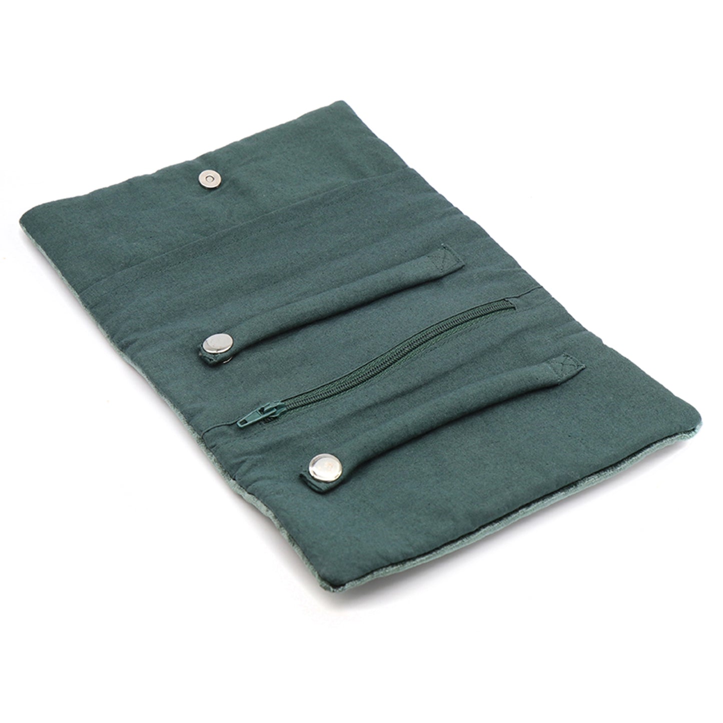 Open dark green velvet jewellery roll with two snap ring rolls and a zip pocket