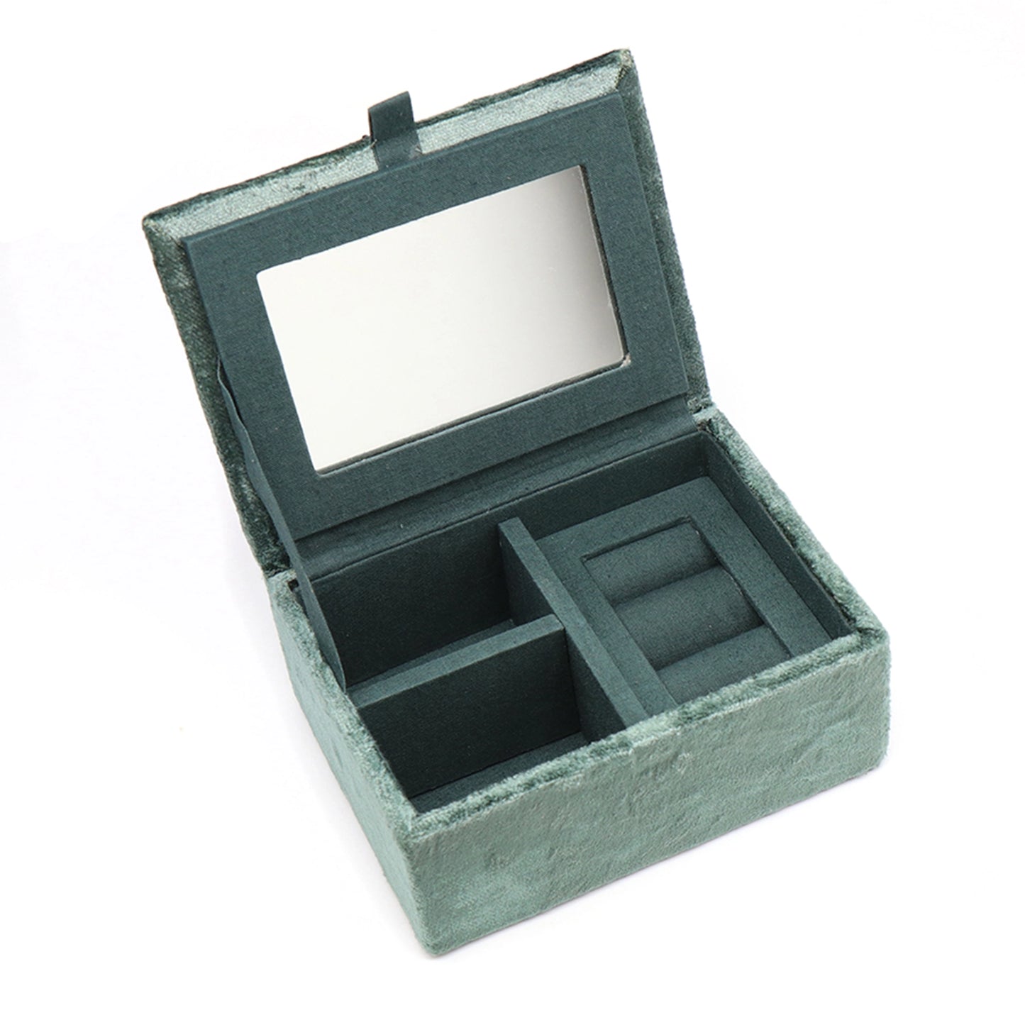 A rectangle dark green velvet jewellery box with two open compartments and a ring roll