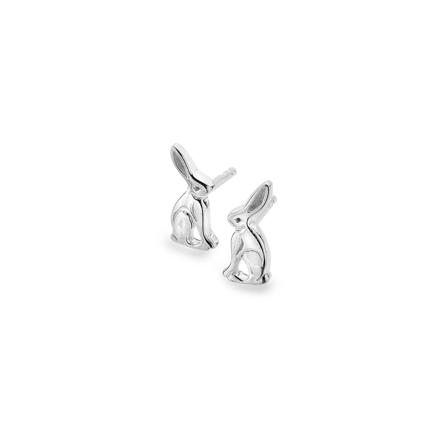 A pair of stud earrings shaped like silver sitting hares