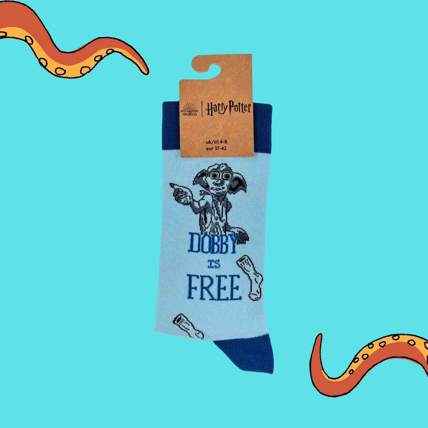 Pair of blue Harry Potter socks with Dobby design