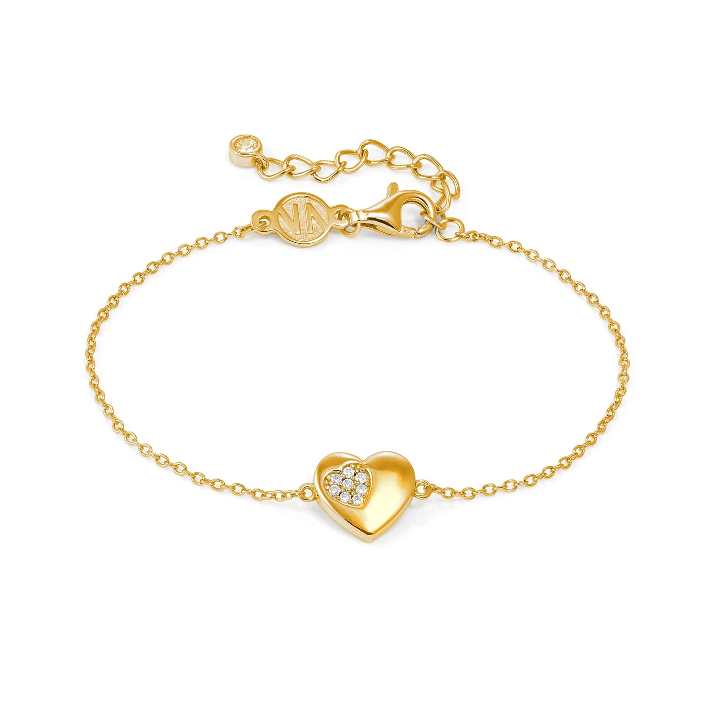 Gold chain bracelet with a heart charm set with a smaller heart Pave CZ cluster