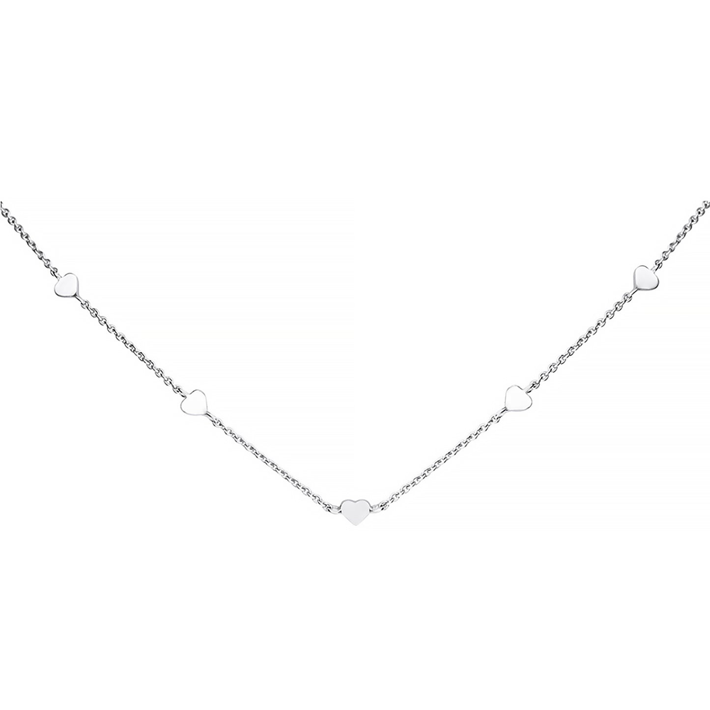 A silver chain necklace with heart charms
