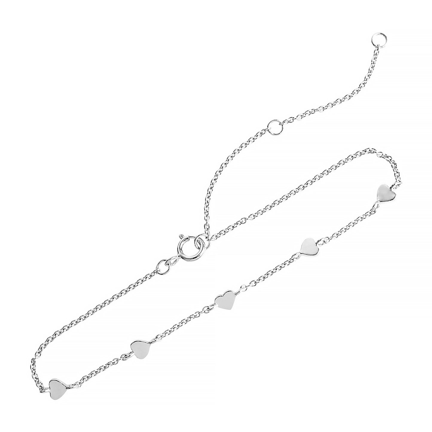 A silver chain bracelet with five heart links