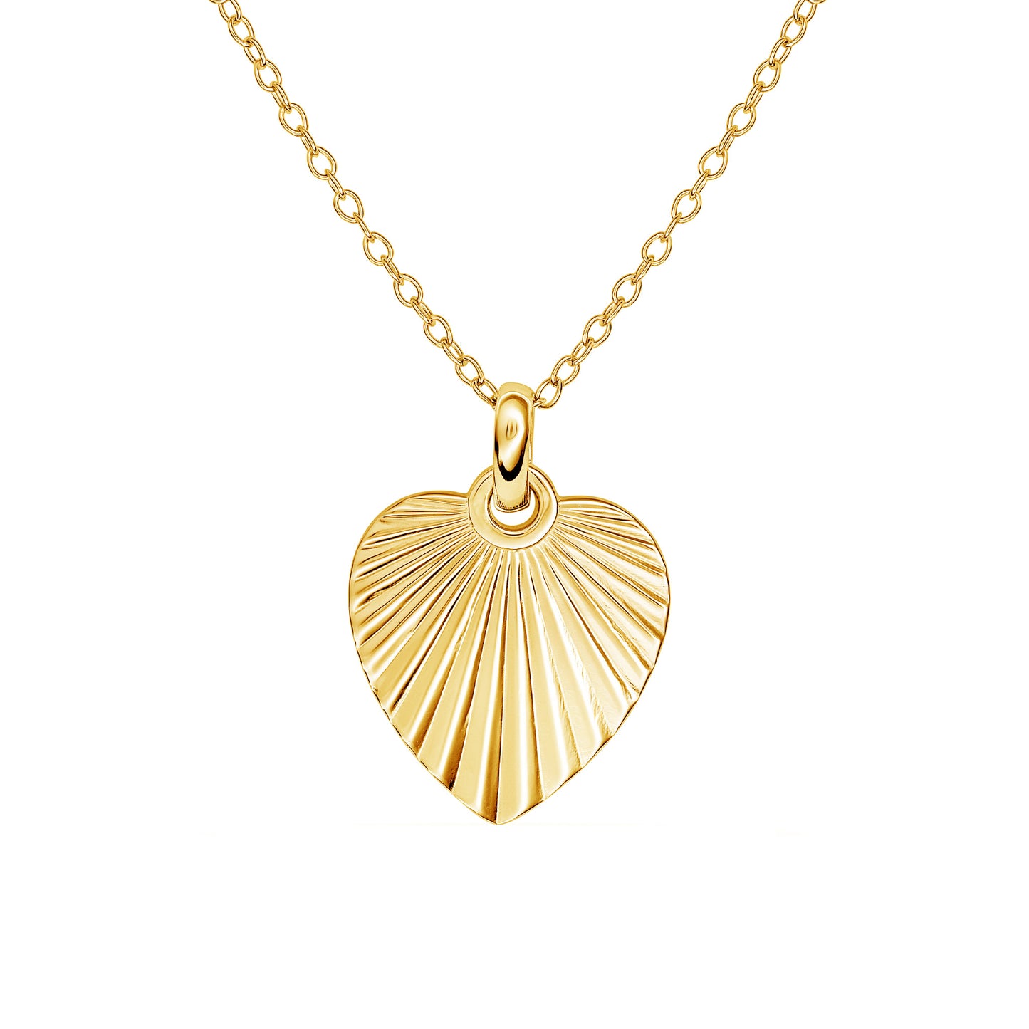 Gold heart shaped pendant engraved with a sunburst texture