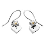 Silver earrings with heart drops and flowers with gold centres on hook fittings