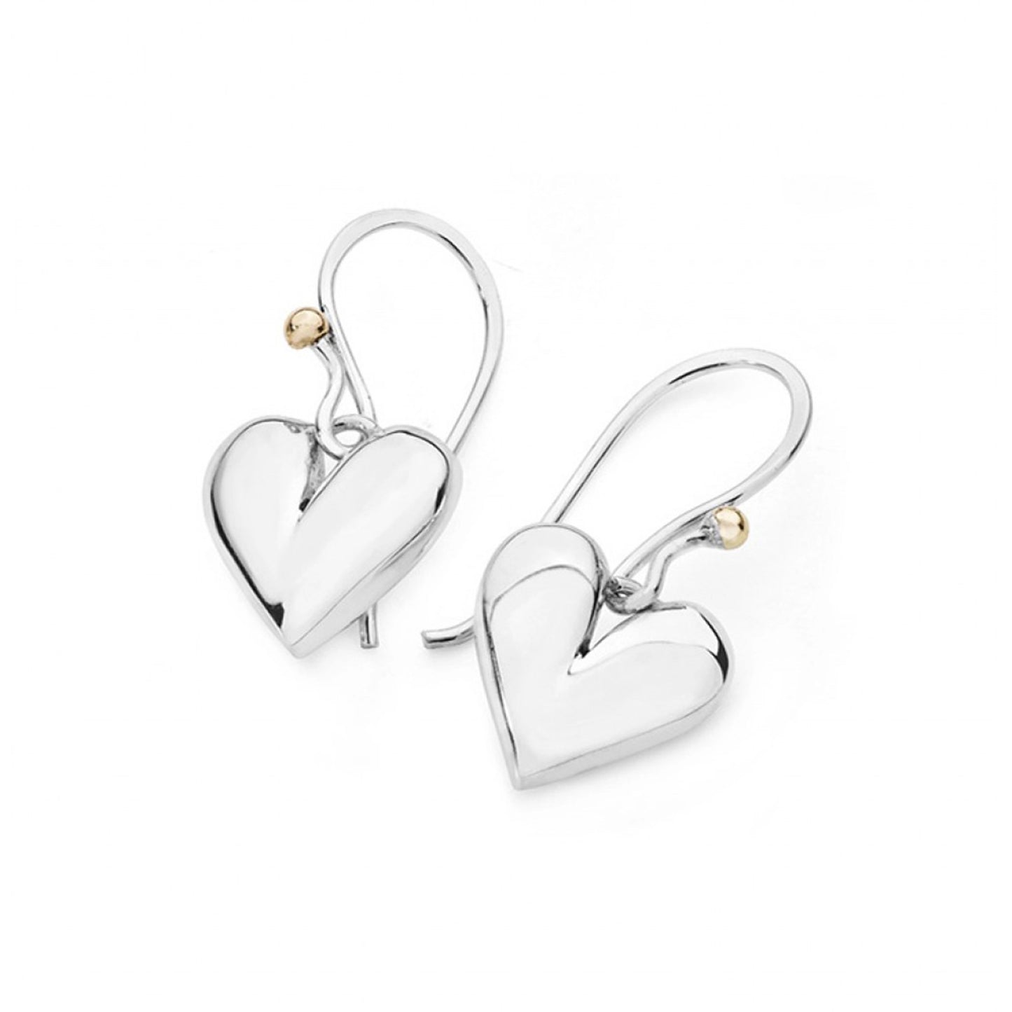 A pair of silver heart shaped drop earrings with yellow gold details on the hooks