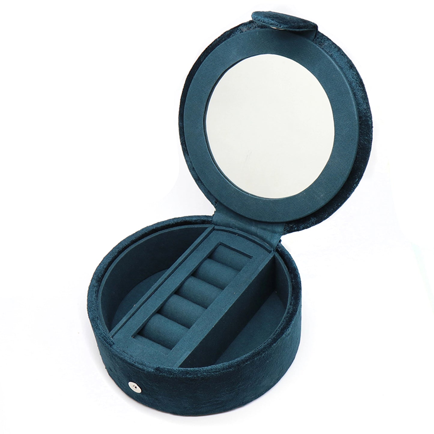 A round dark teal velvet jewellery box with two open compartments and a ring roll