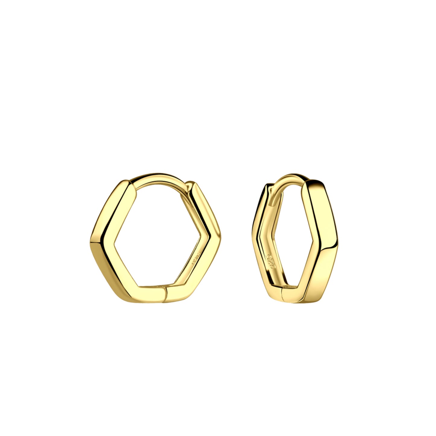 Gold hexagonal shaped hoop earrings with hinged closure