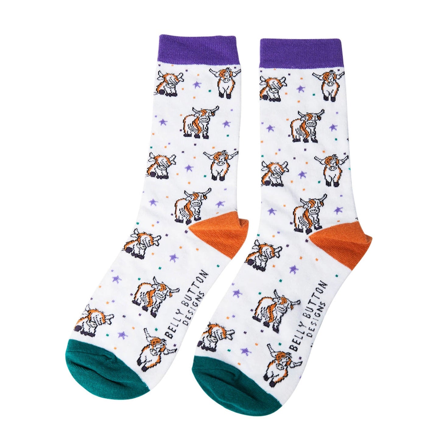 White socks with repeat Highland cow designs, purple cuffs, orange heels and green toes