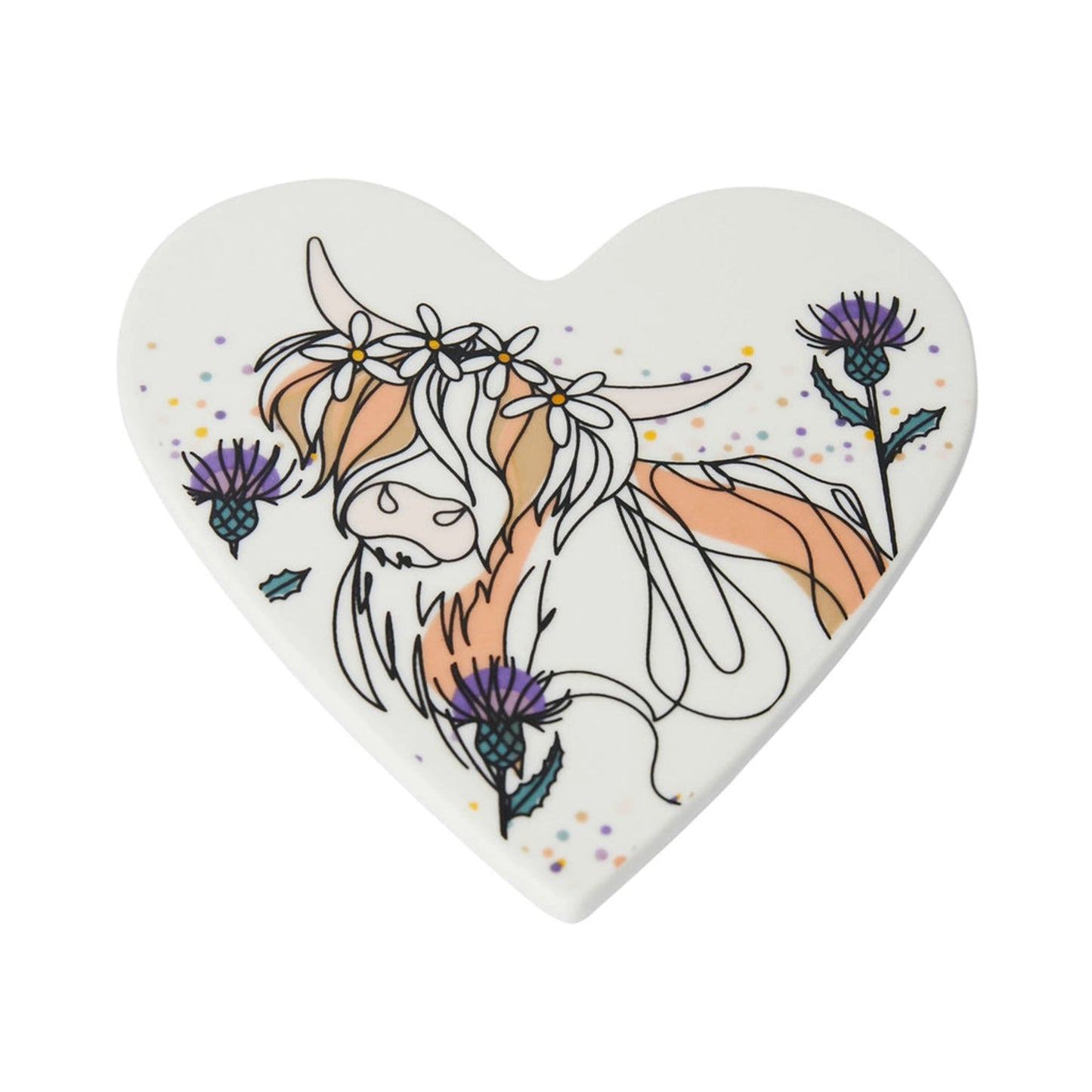 A ceramic heart shaped coaster with Highland cow and thistle