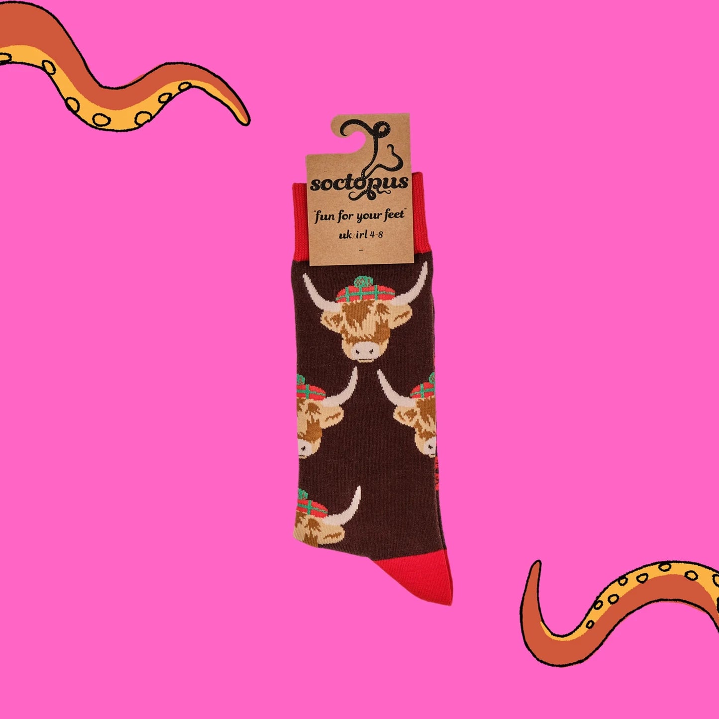 Pair of brown socks with Highland Cows in tartan berets design