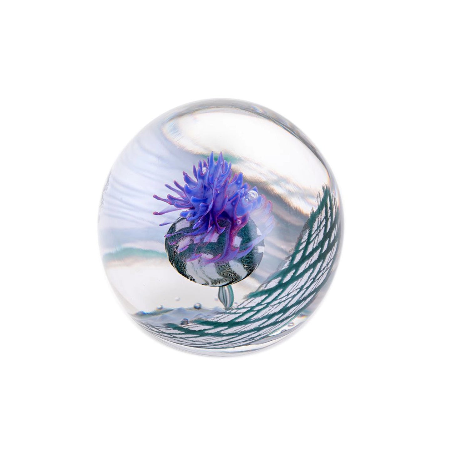 Purple thistle round glass paperweight with tartan check