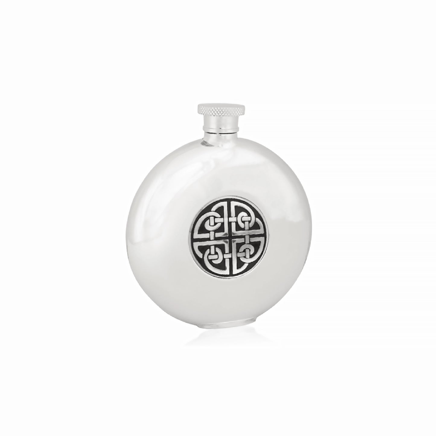 A round pewter hip flask with a Celtic design of the four triag in an enamelled circle