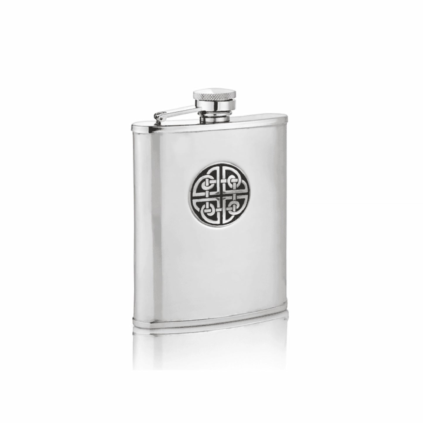 A square pewter hip flask with a Celtic design of the four triag in an enamelled circle