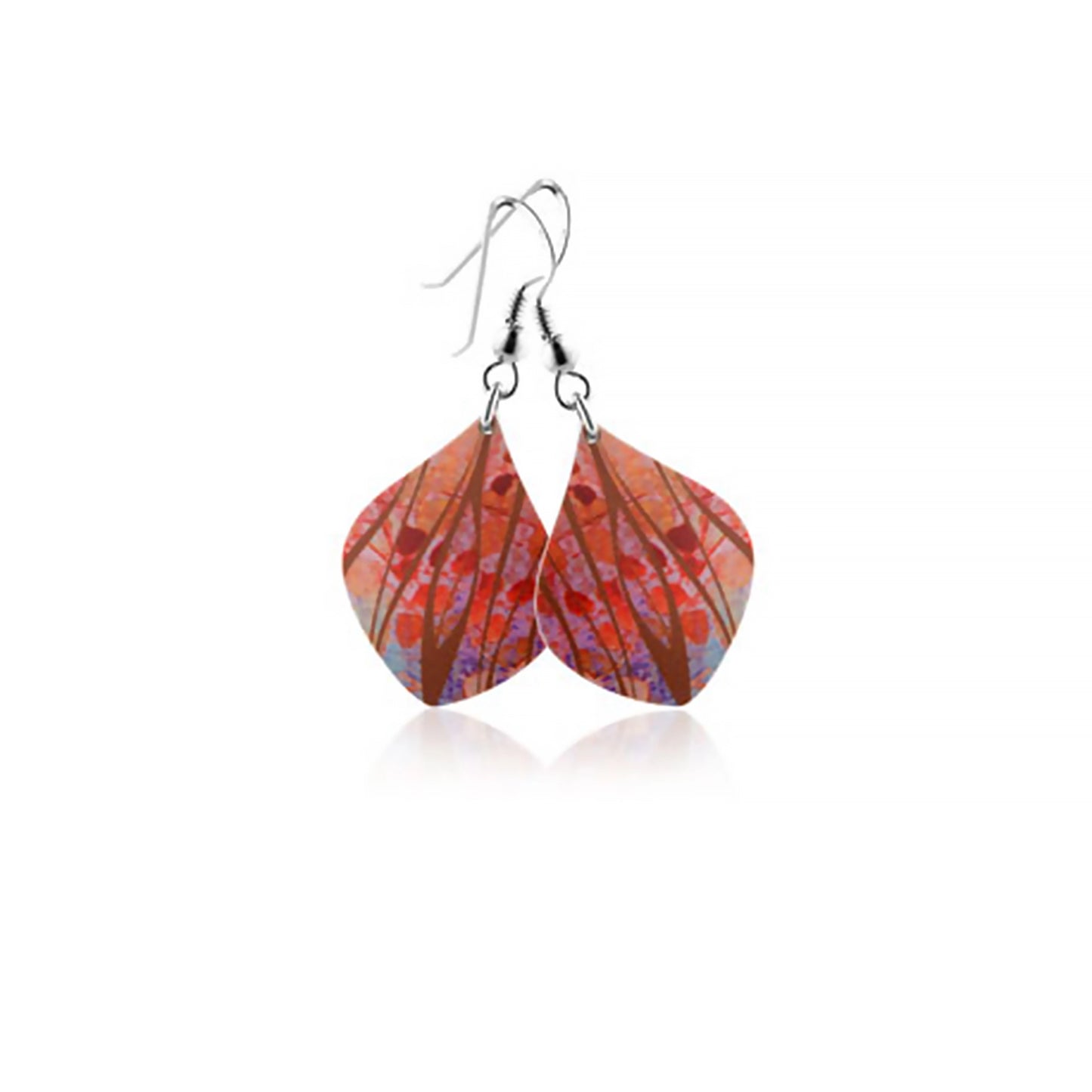 A pair of curved aluminium drop earrings with abstract and brightly coloured modern design print