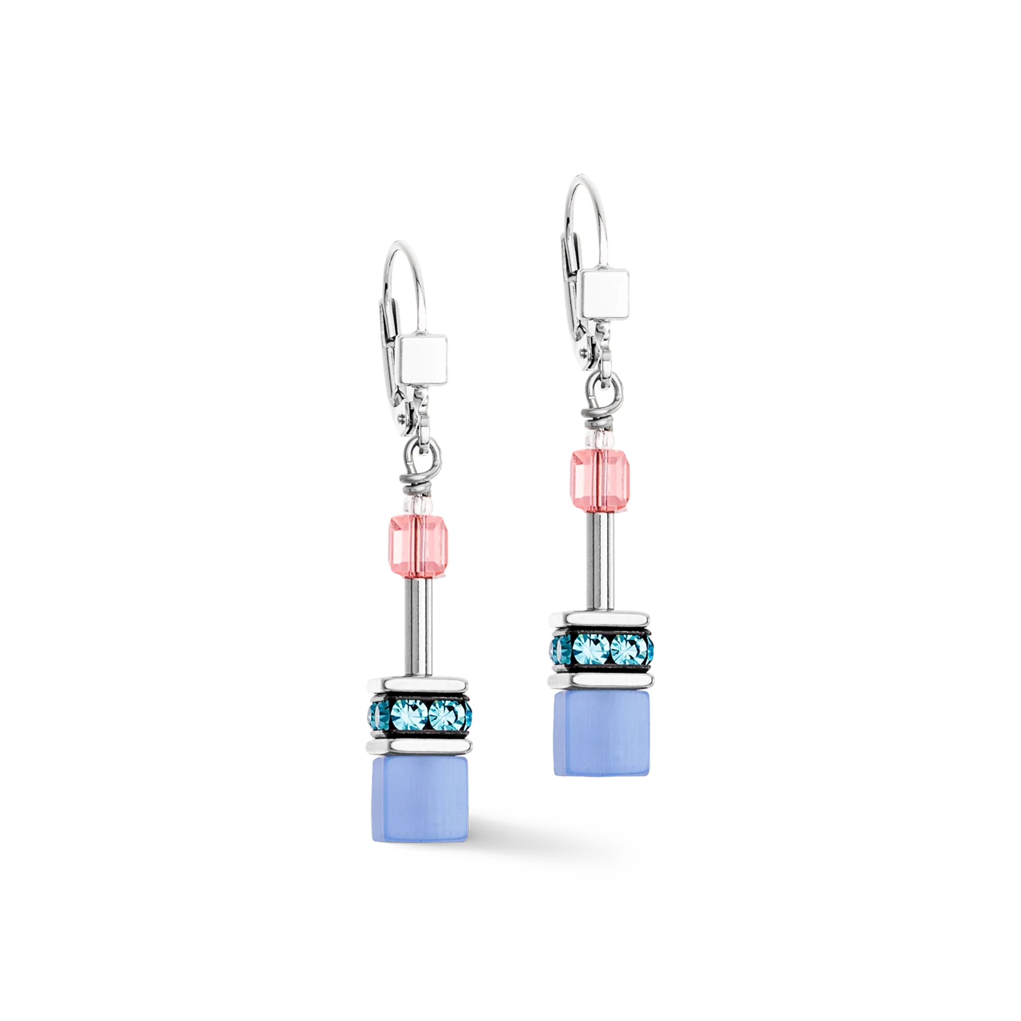 A pair of steel drop earrings featuring pink and blue cube beads