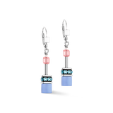 A pair of steel drop earrings featuring pink and blue cube beads