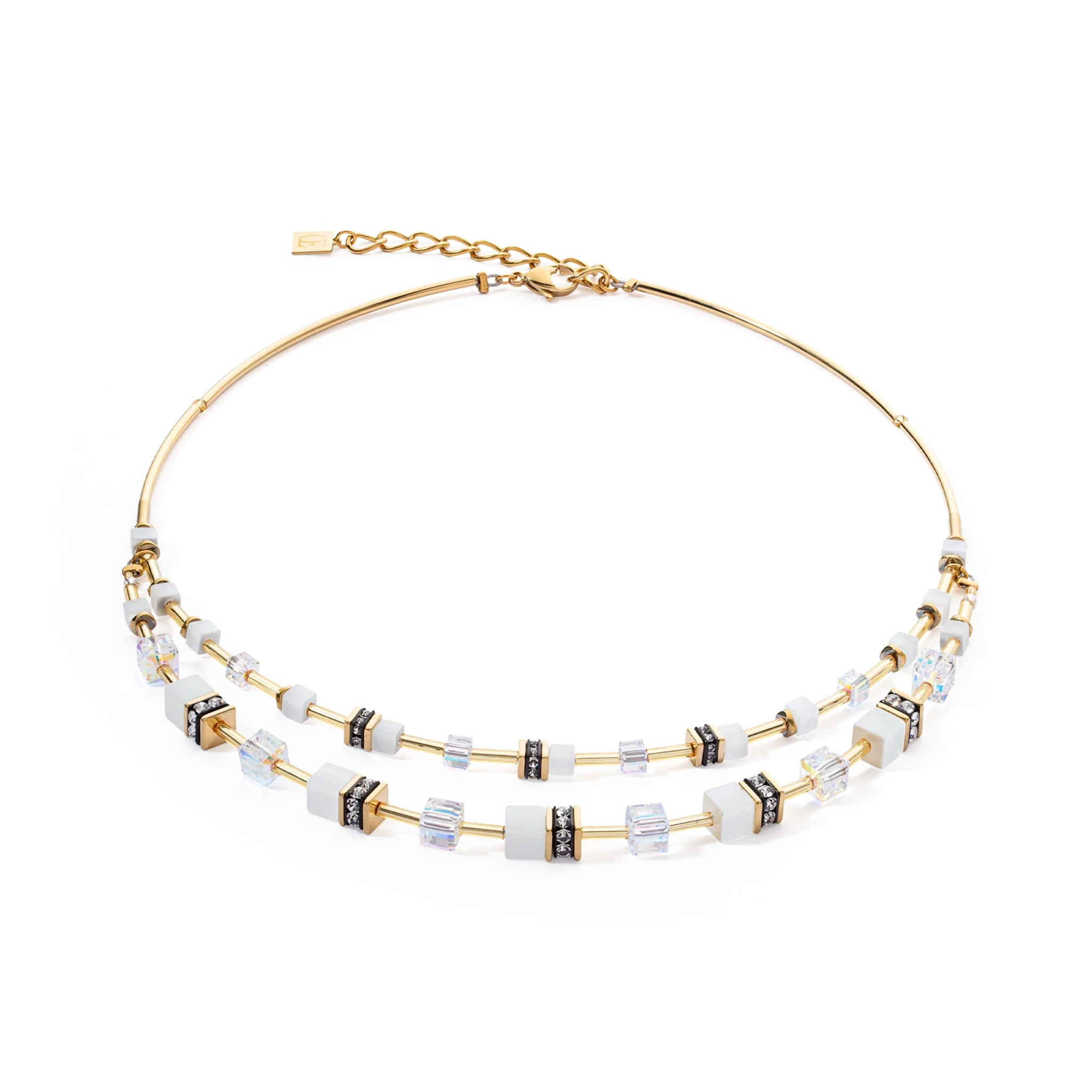 A double layer gold steel necklace with white cube beads