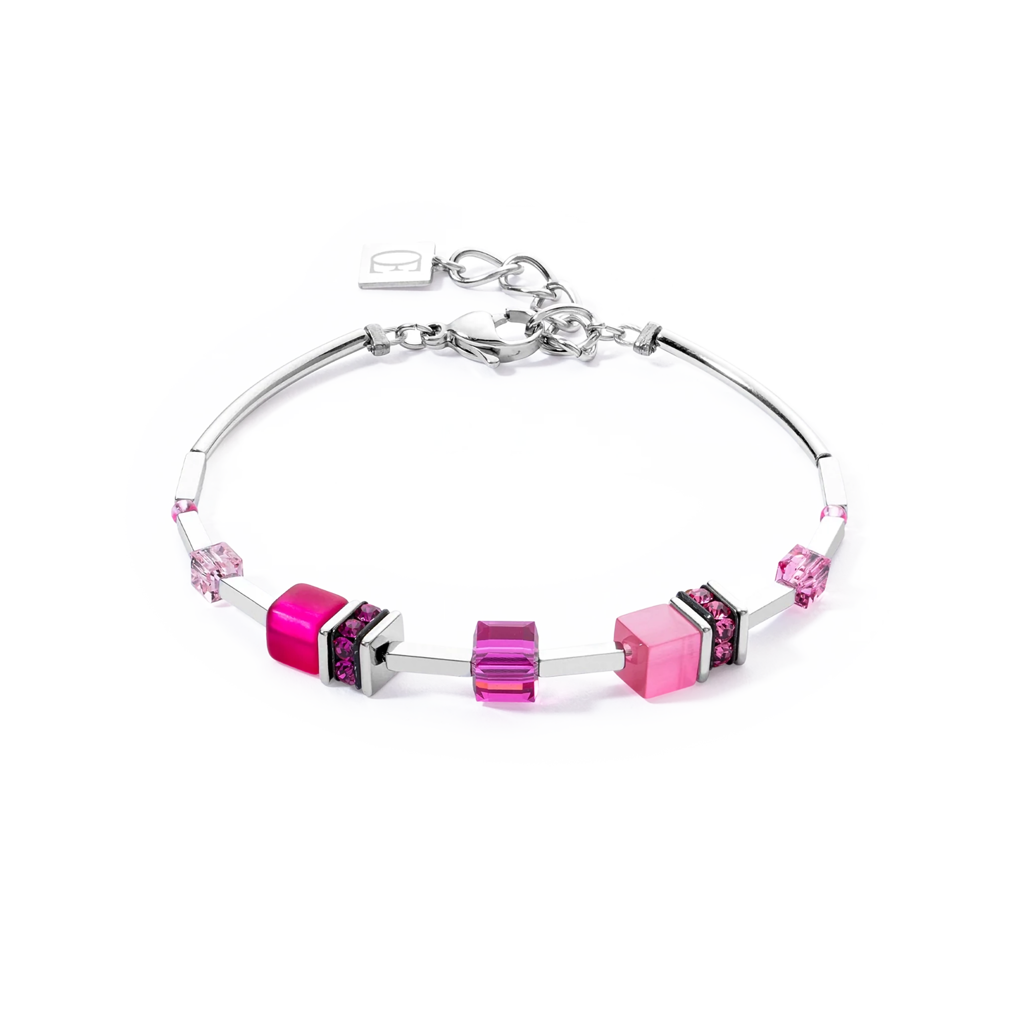A bright pink beaded stainless steel bracelet