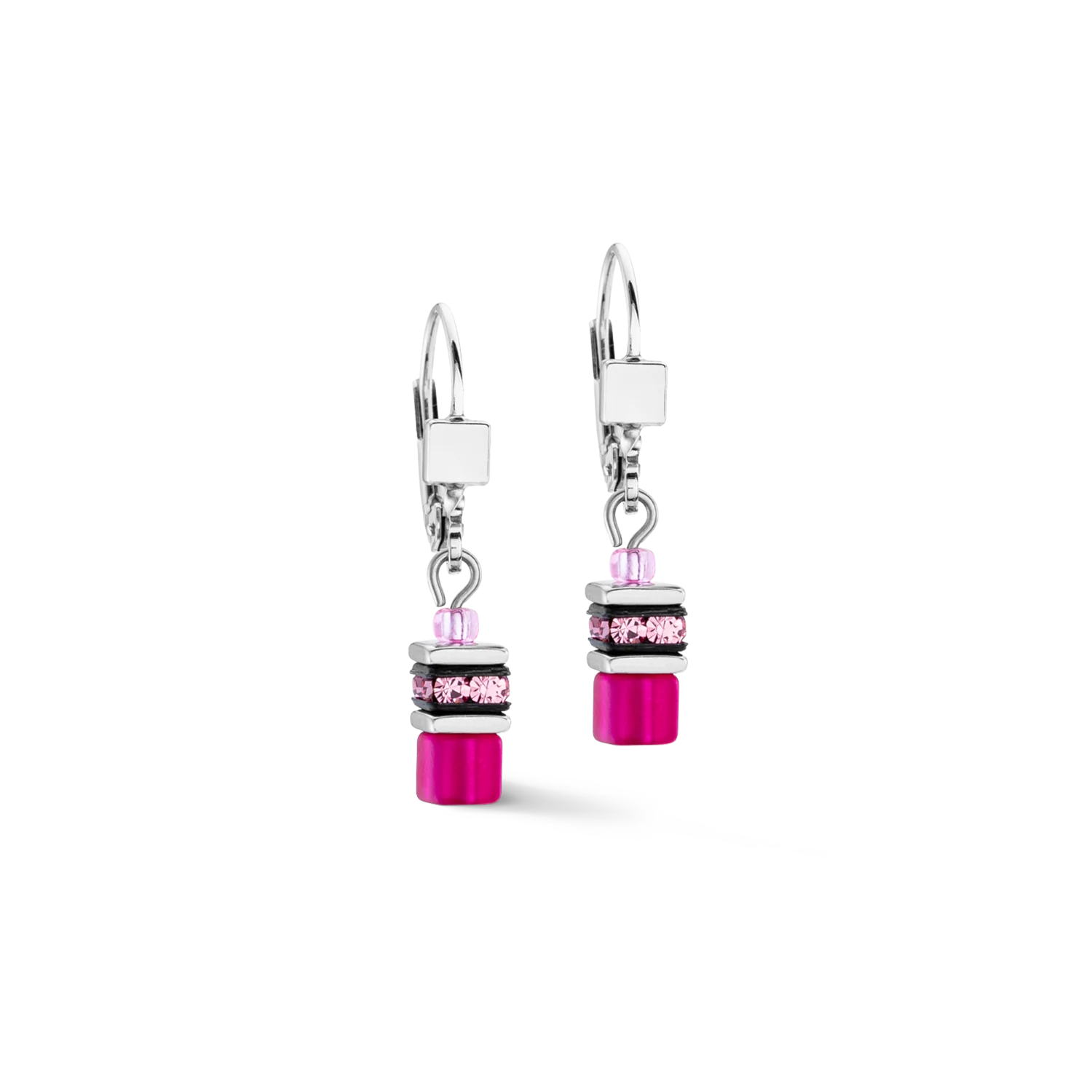 A pair of drop earrings with bright pink polaris cubes