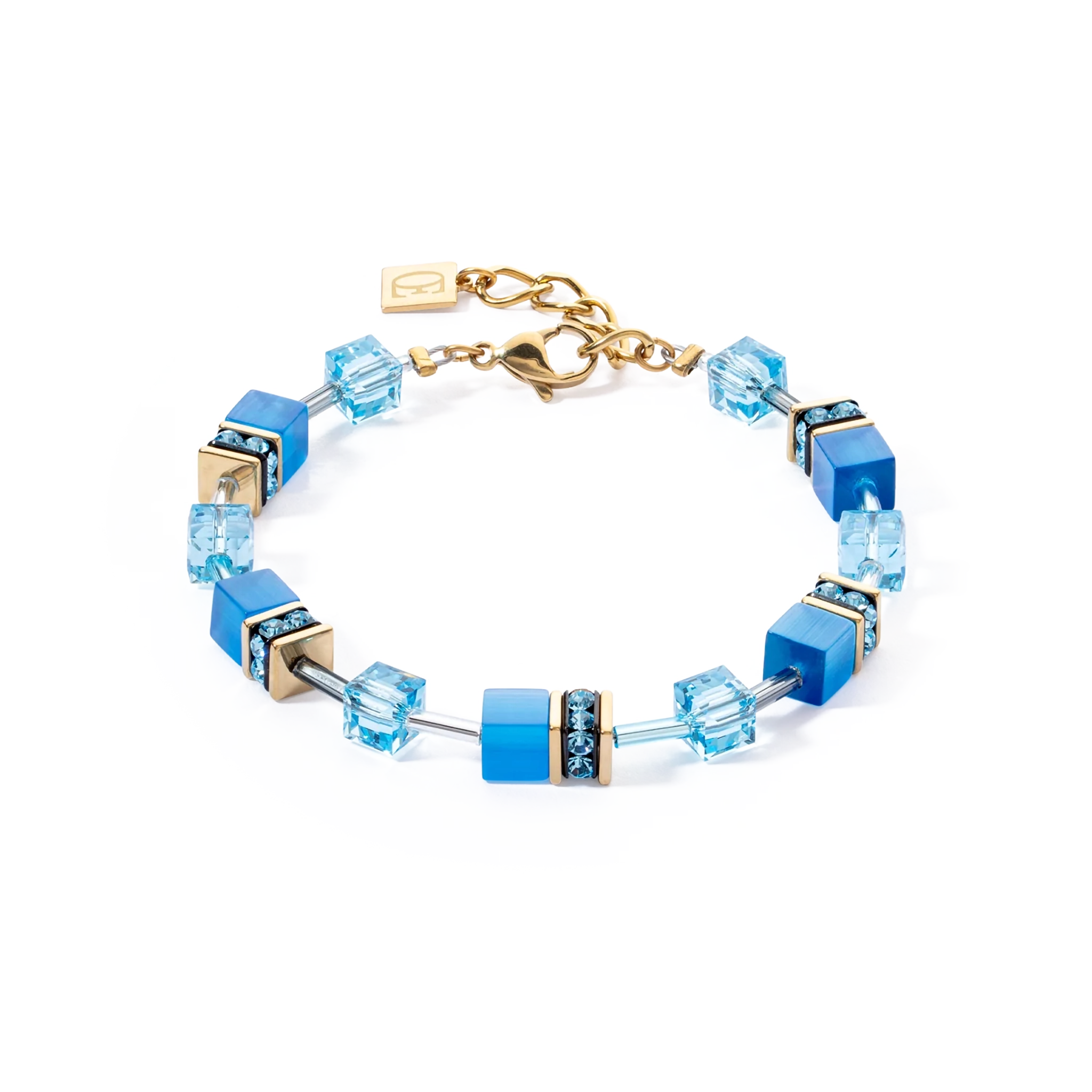 A bracelet in gold steel with blue cube stones and beads