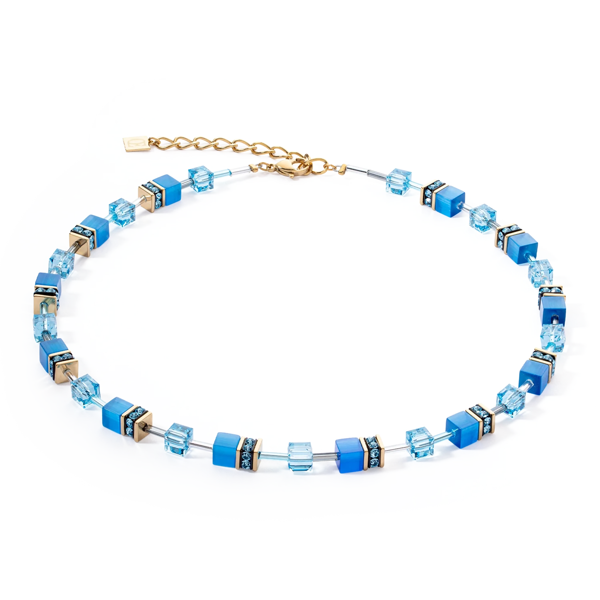 A gold steel necklace featuring cube stones and glass beads in blue