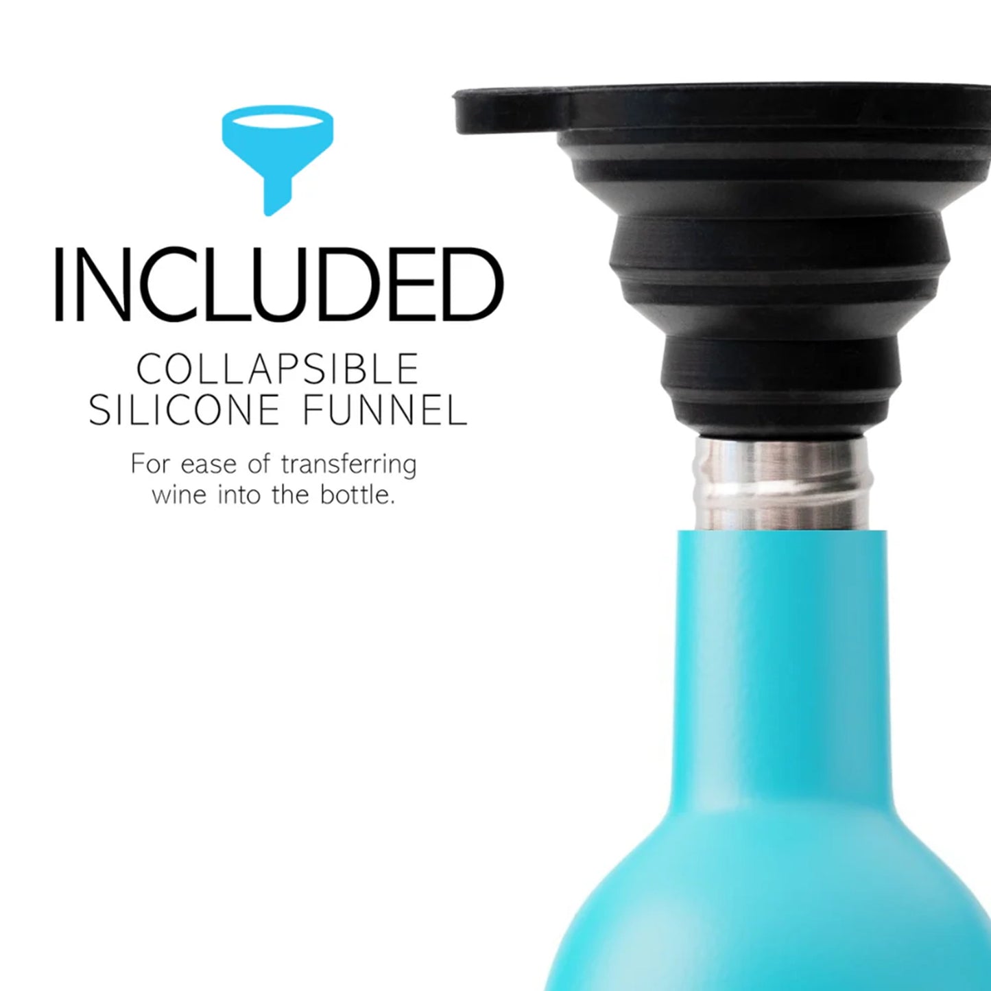 Stainless steel insulated wine bottle in turquoise with black silicon funnel