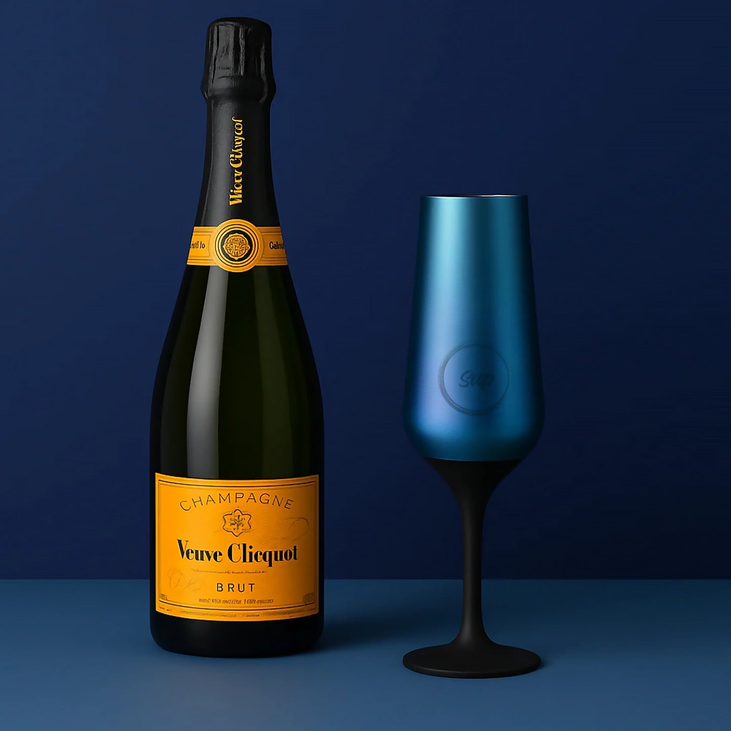 Stainless steel insulated blue and purple galaxy ombre champagne flute with Sup logo lifestyle