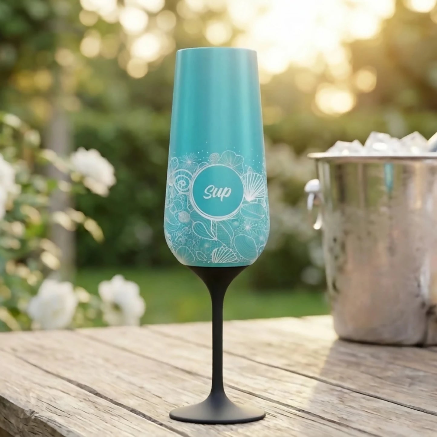 Stainless steel insulated turquoise champagne flute with white shell design and Sup logo - lifestyle
