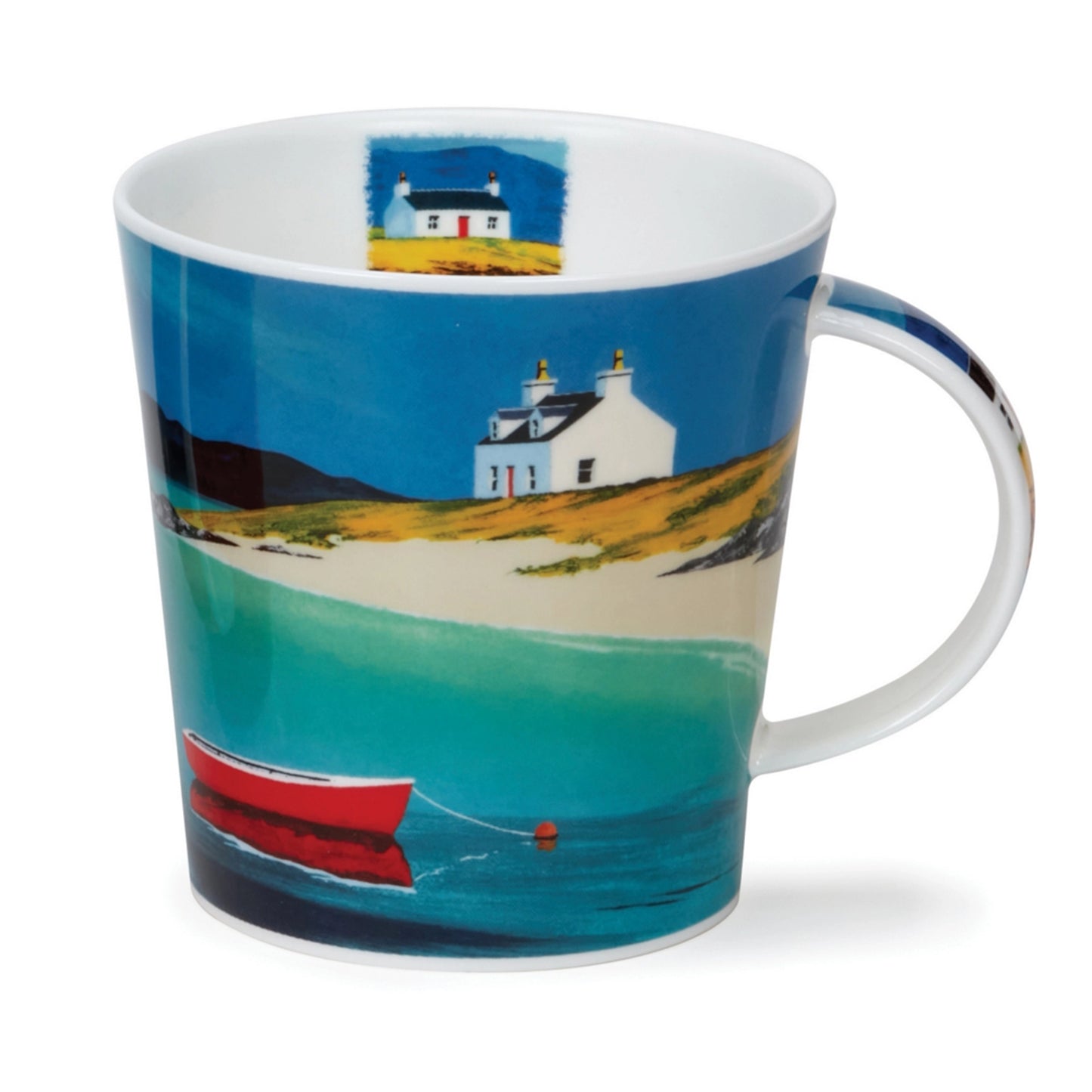 White mug with a white Island croft and clear blue water with a little red boat