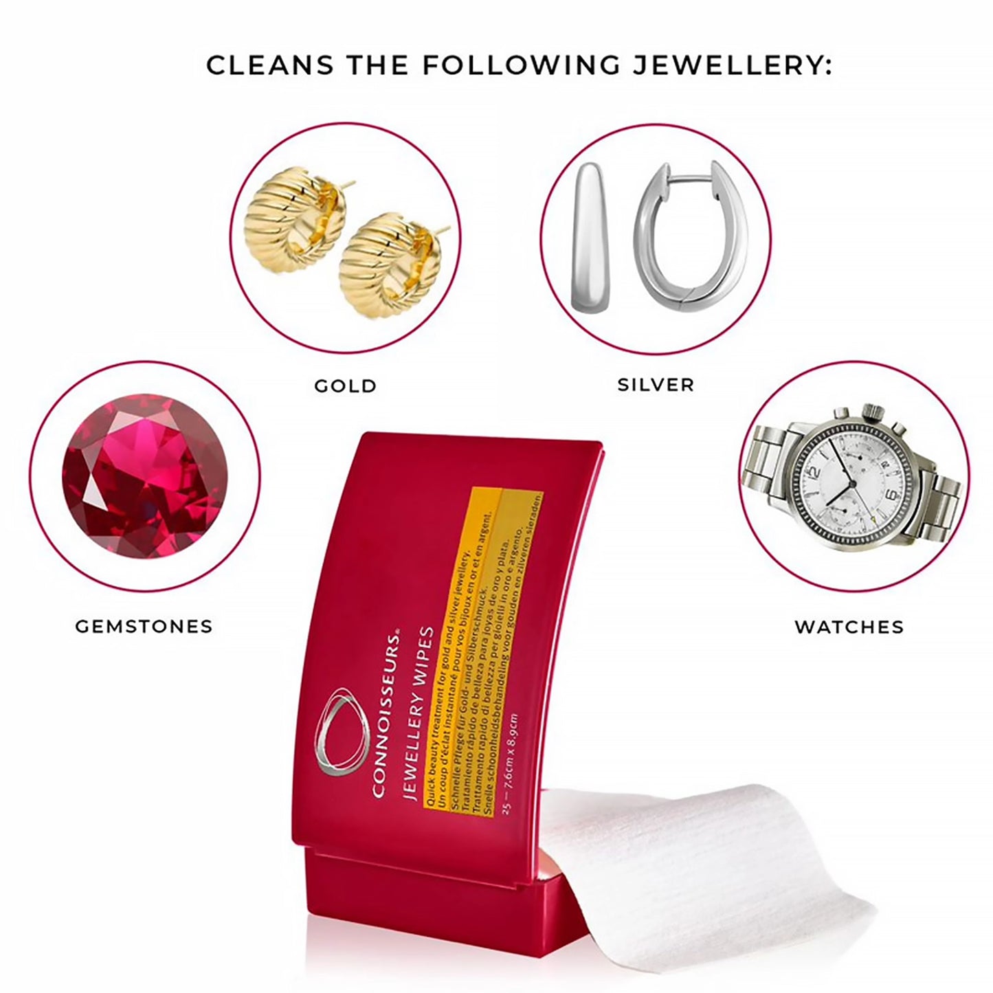 A box of jewellery wipes with jewellery examples