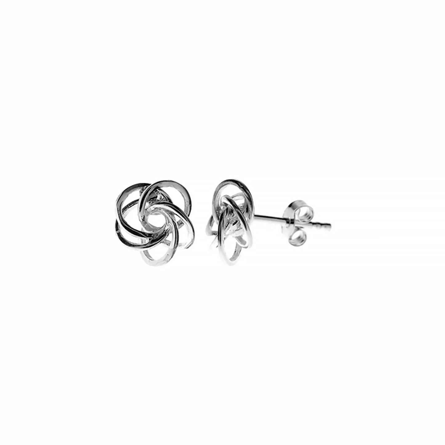 Pair of silver earrings with linking circles in an orbital cage shape