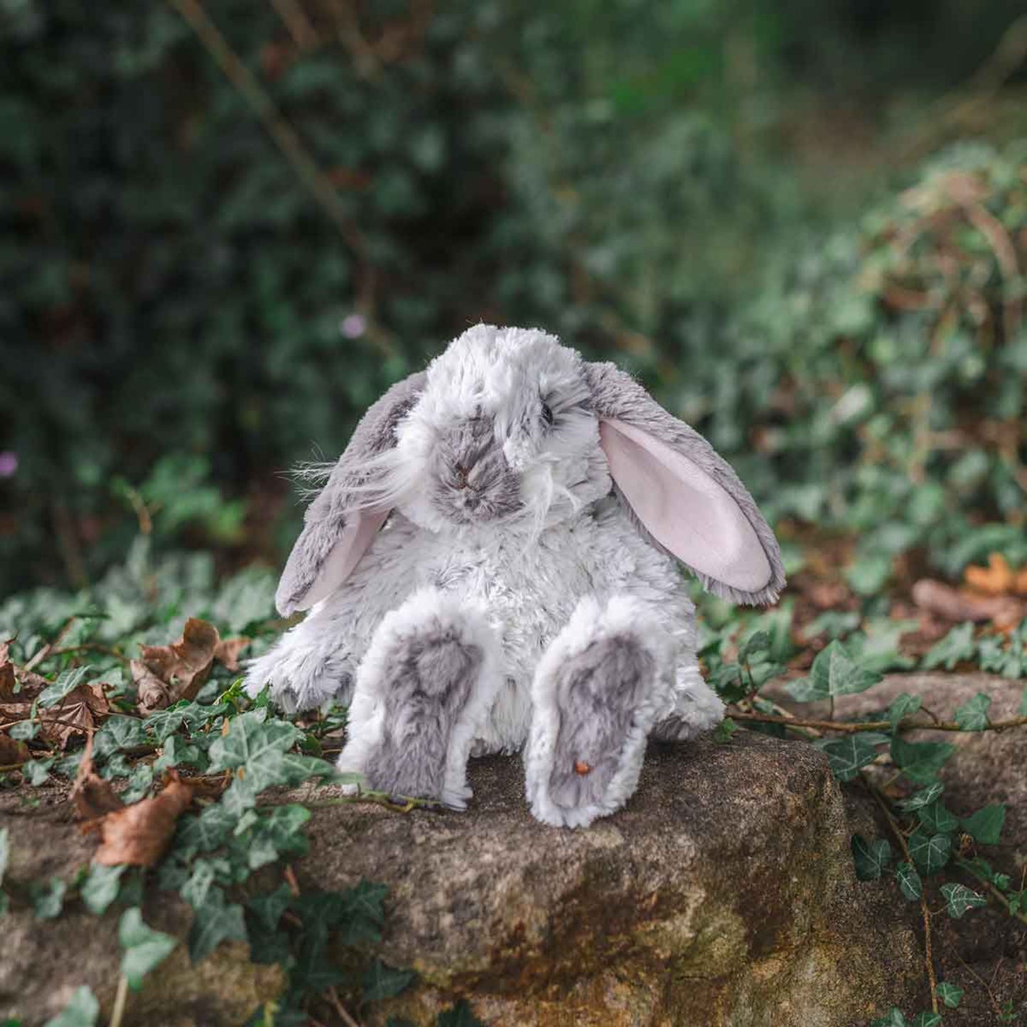Plush toy rabbit on garden wall