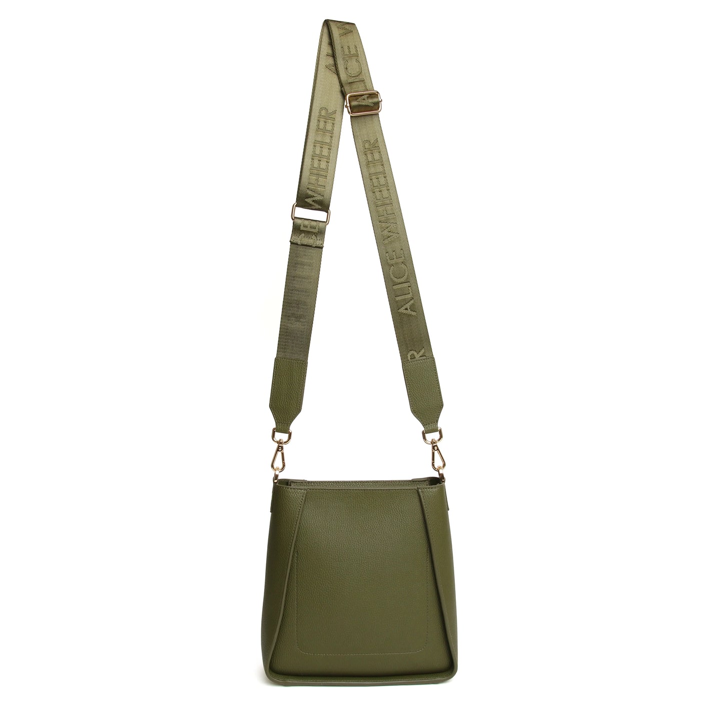 Back of olive green crossbody bag with canvas strap featuring the Alice Wheeler logo in a repeat pattern