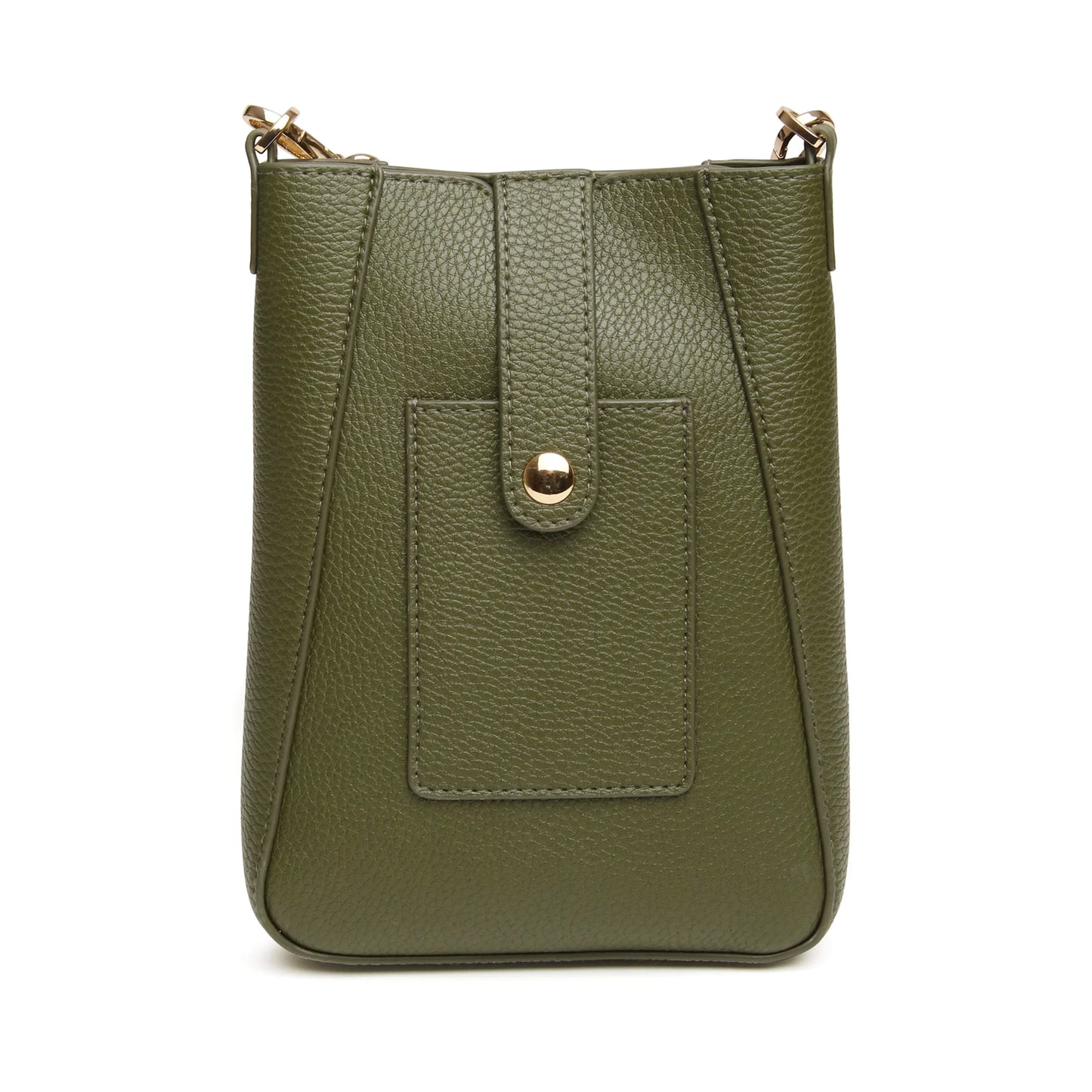 Open olive green colour phone crossbody bag in faux leather with card and phone slot