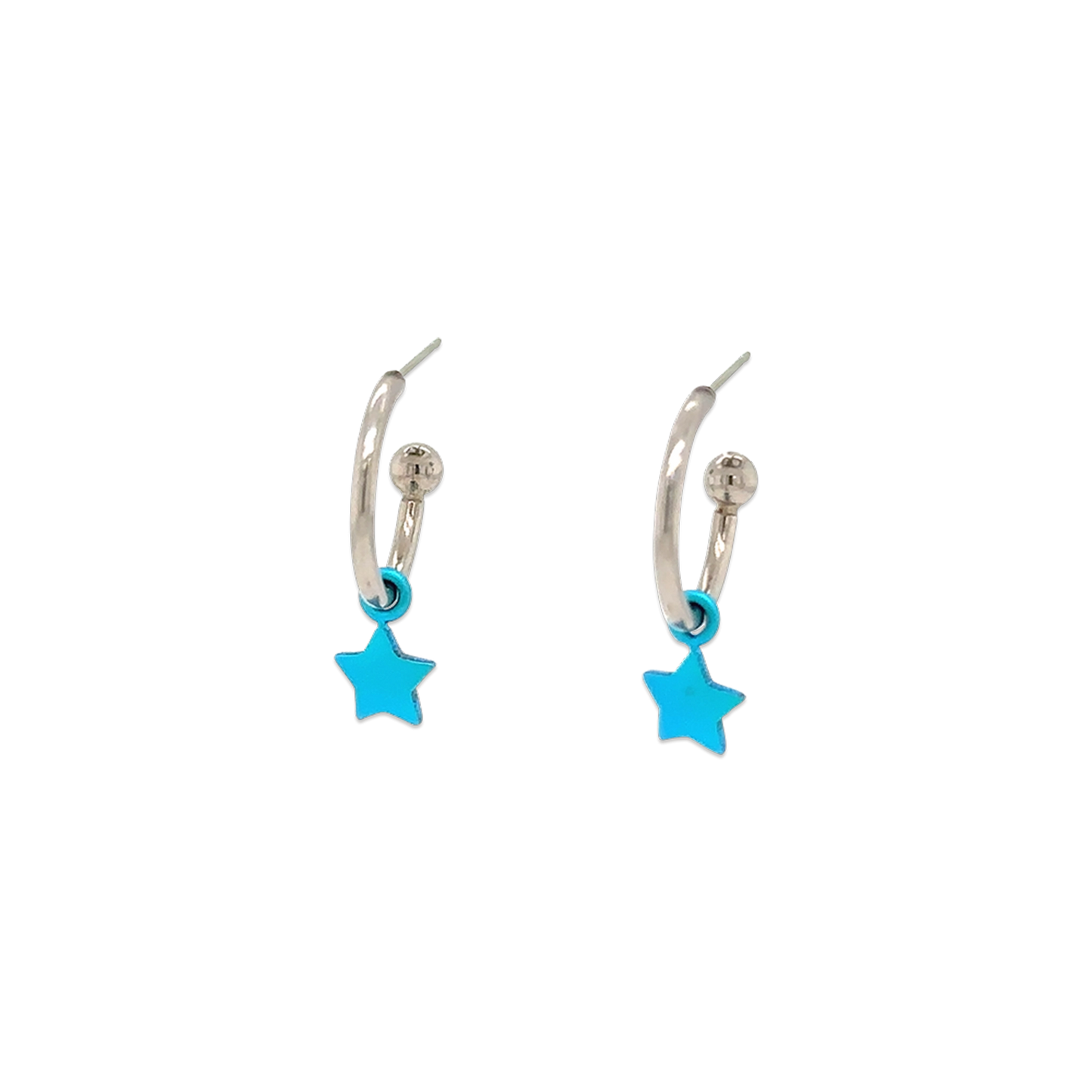 A pair of titanium hoop earrings in a steel colour with bright blue star shaped drops