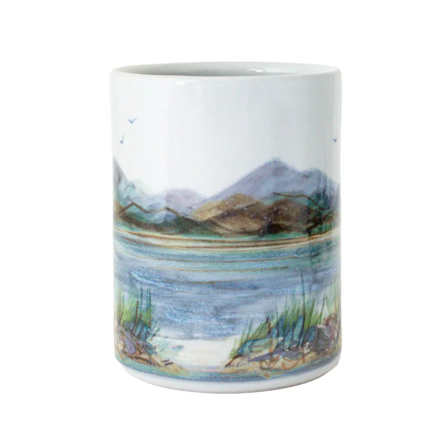 Large cylinder stoneware utensil holder painted with a Scottish landscape