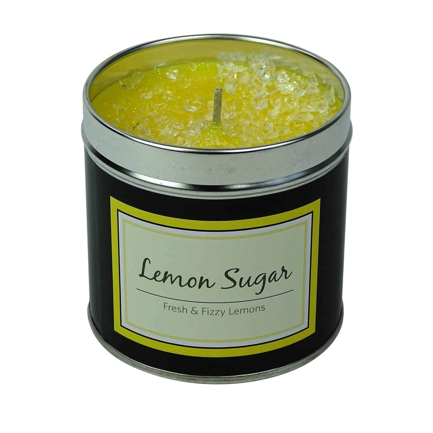 Lemon sugar scented candle tin with glittery yellow decorated top