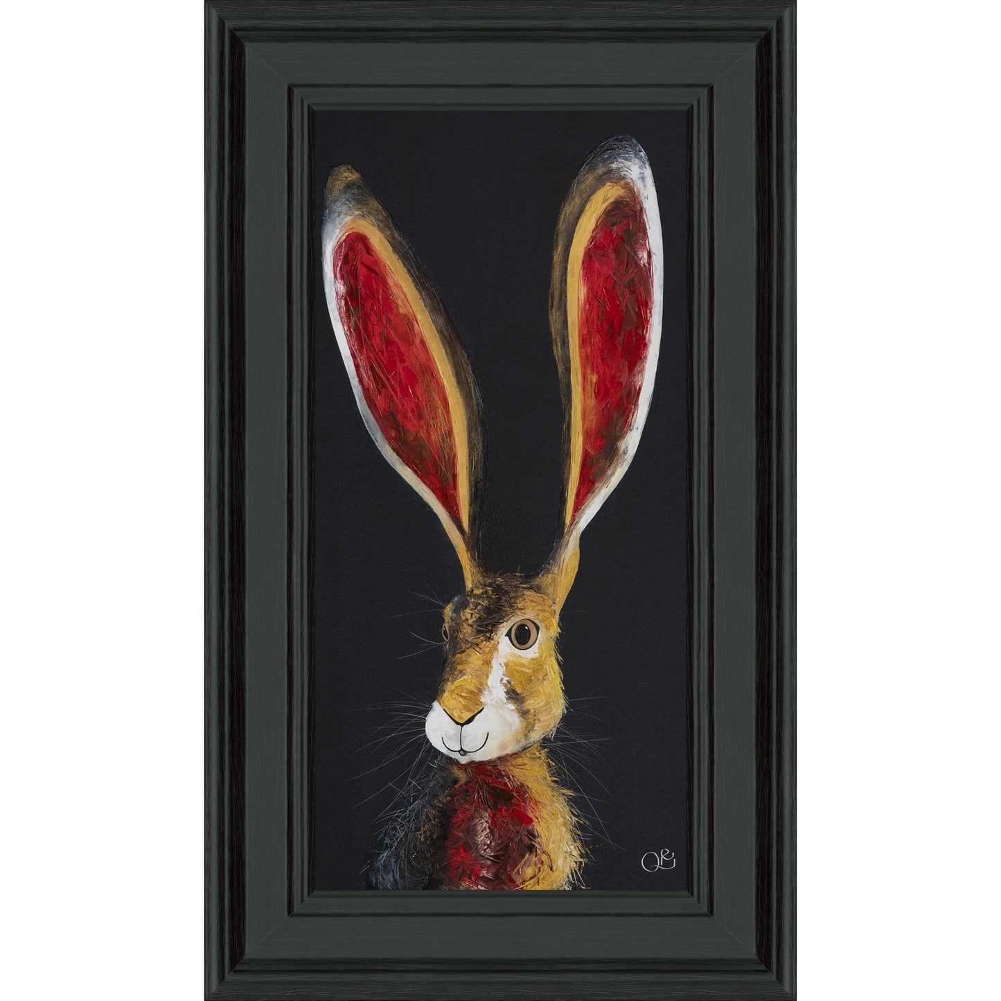 A narrow rectagular framed print featuring a hair with long ears