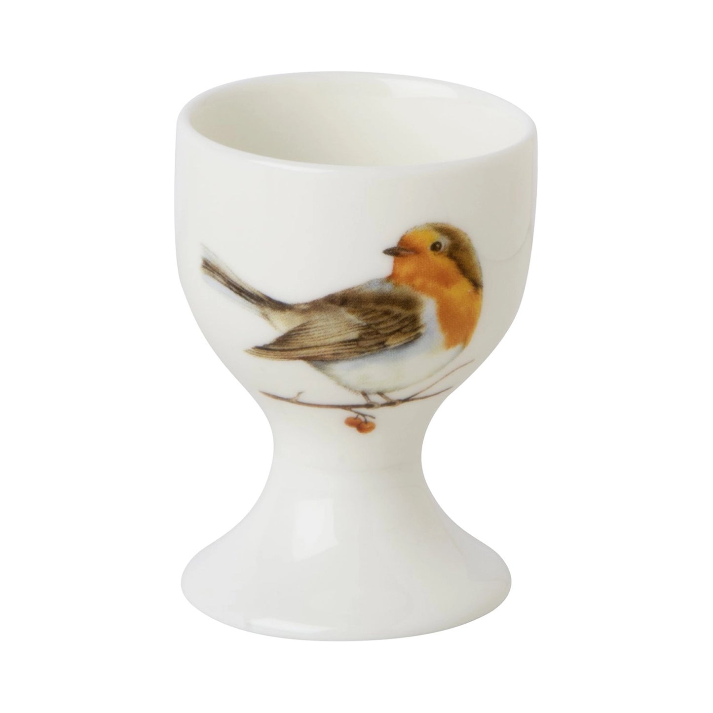 A white china egg cup with robin print design