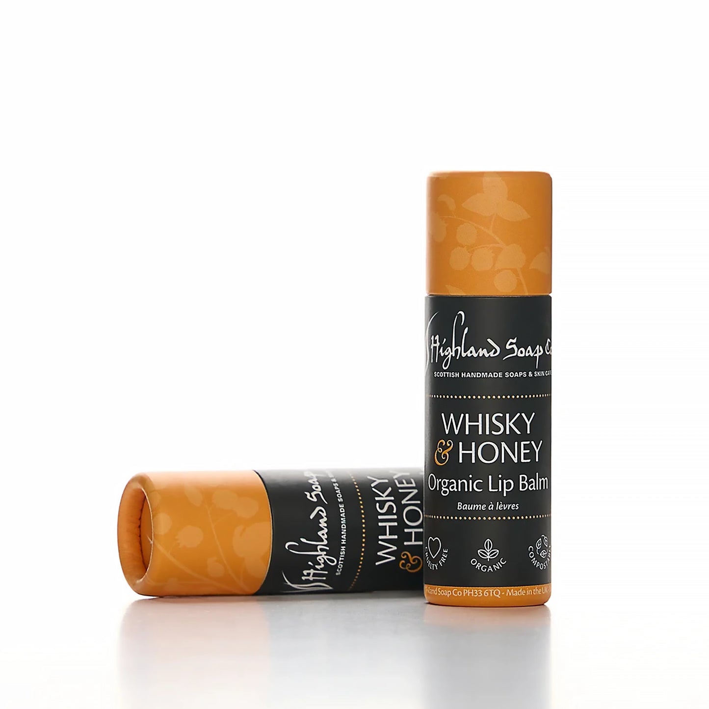 Whisky and honey lip balm in compostable tube