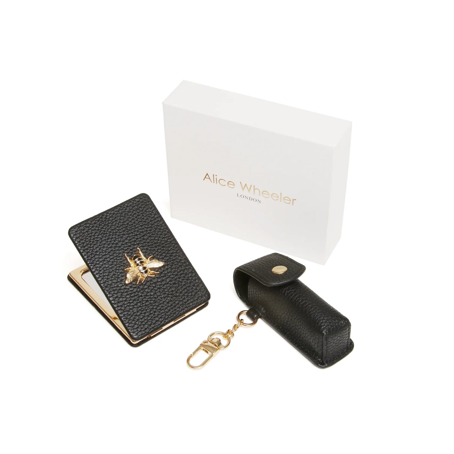 Gift set with oblong compact mirror with bee emblem and a lipstick holder in stone faux leather