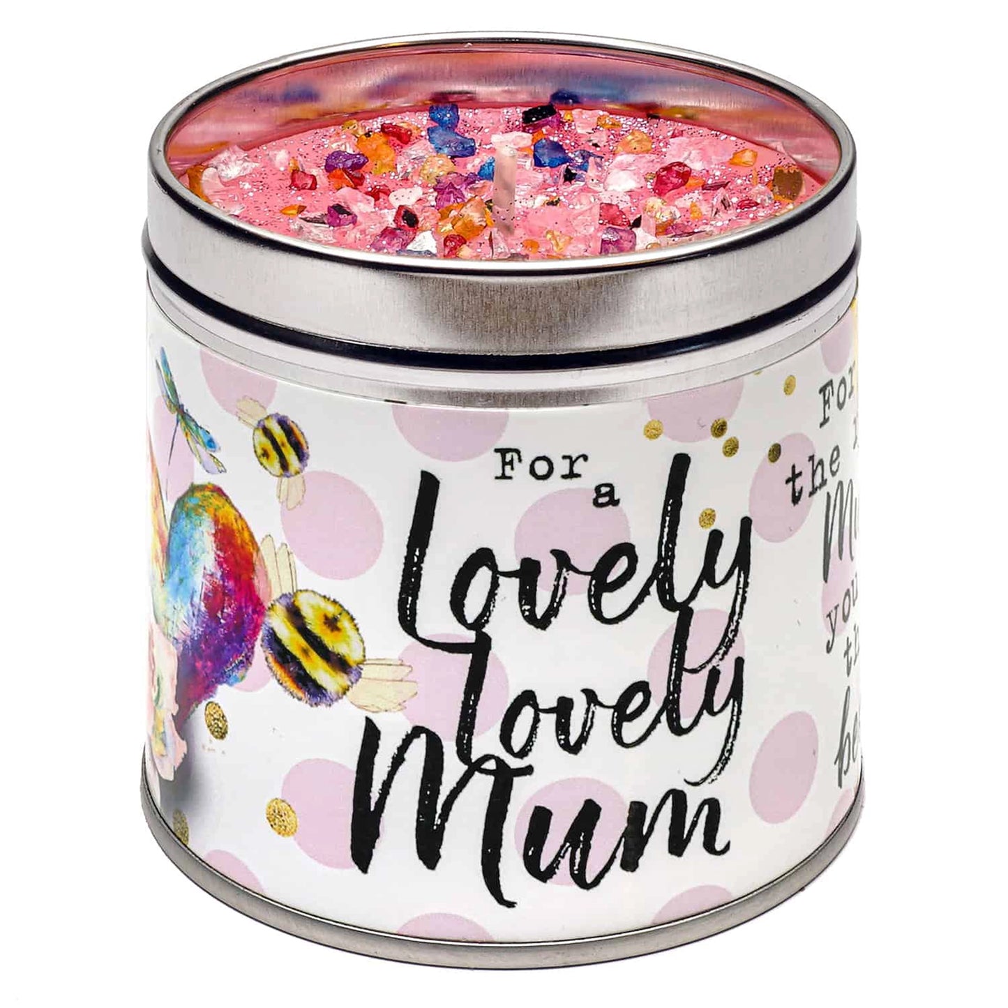 Tinned 'Lovely Mum' candle with colourful detailed wax topping