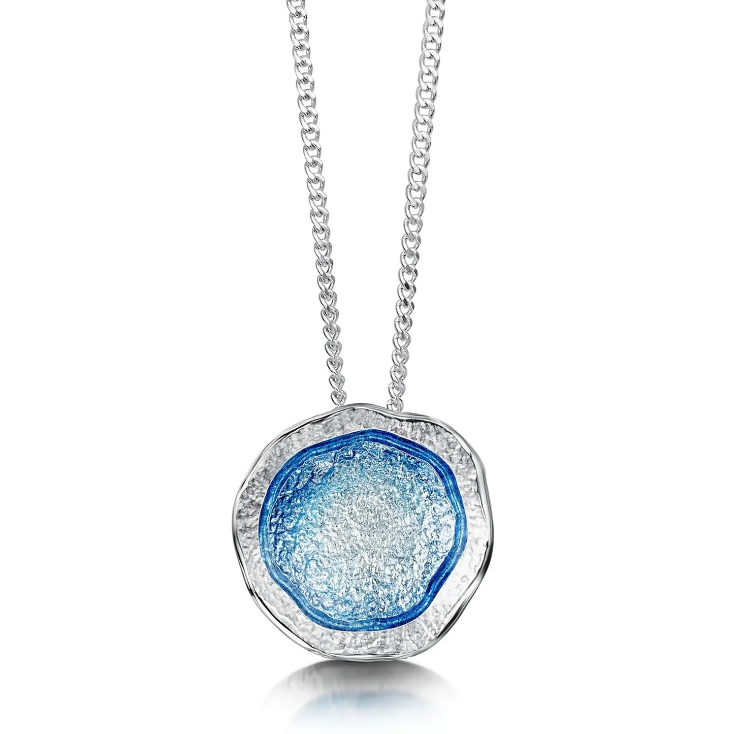 Silver pendant on chain in an irregular, organic shape with subtle texture and blue enamelled centre