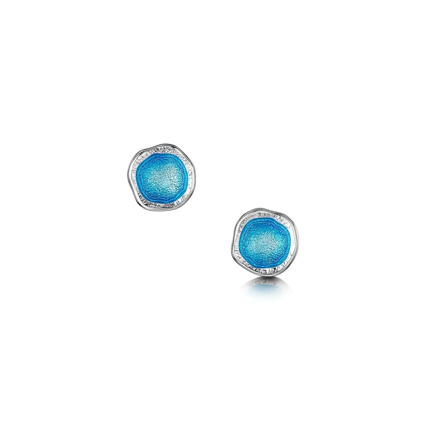 Silver round stud earrings with irregular and organic shape, subtle texture and bright blue enamelled centres