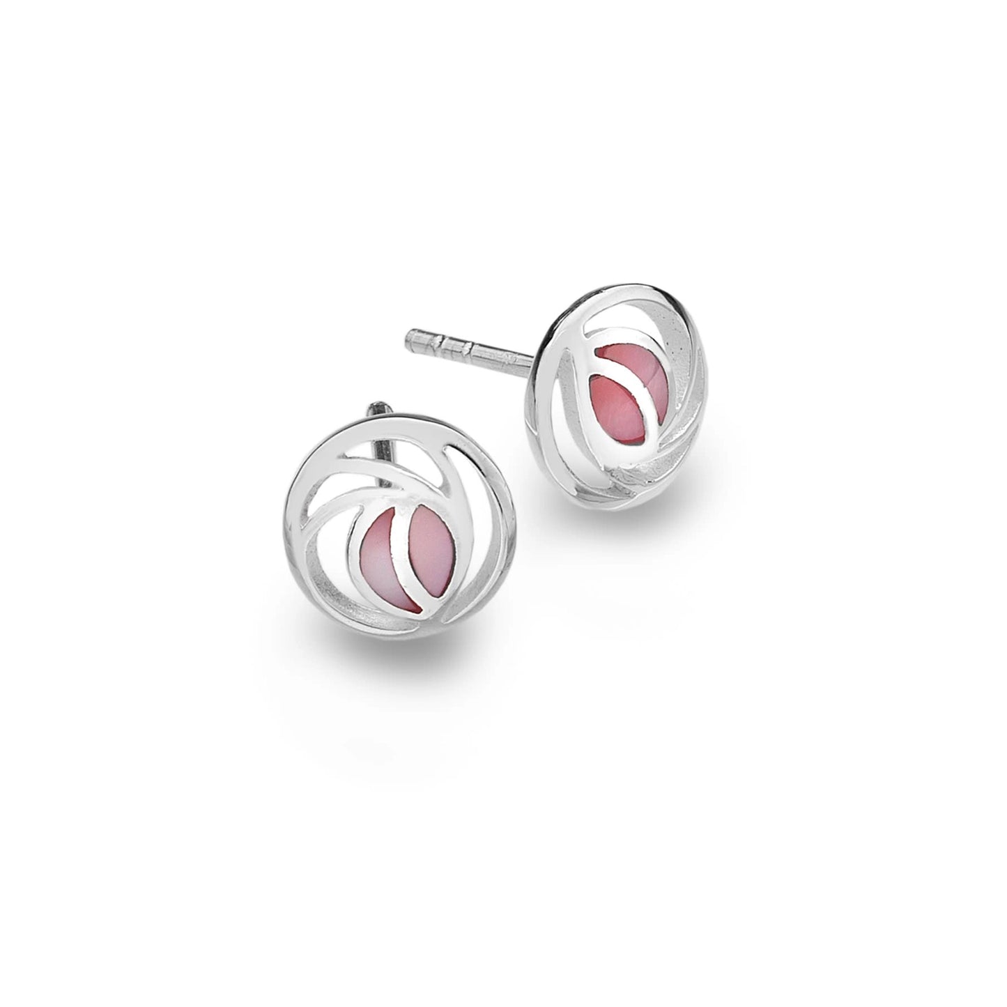 A pair of round silver stud earrings with a Mackintosh rose design in pink mother of pearl