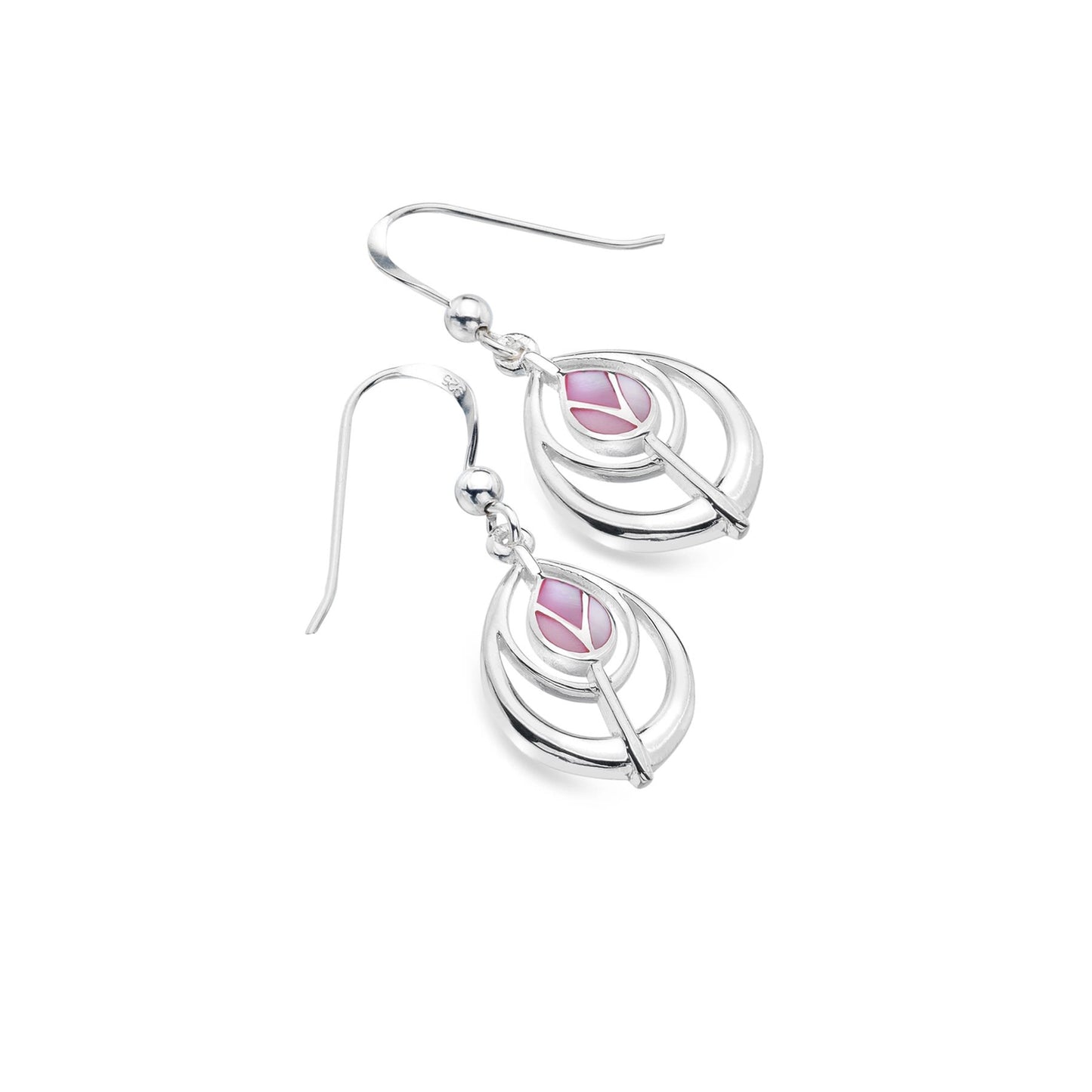 A pair of silver teardrop earrings featuring a pink mother of pearl Mackintosh tulip design