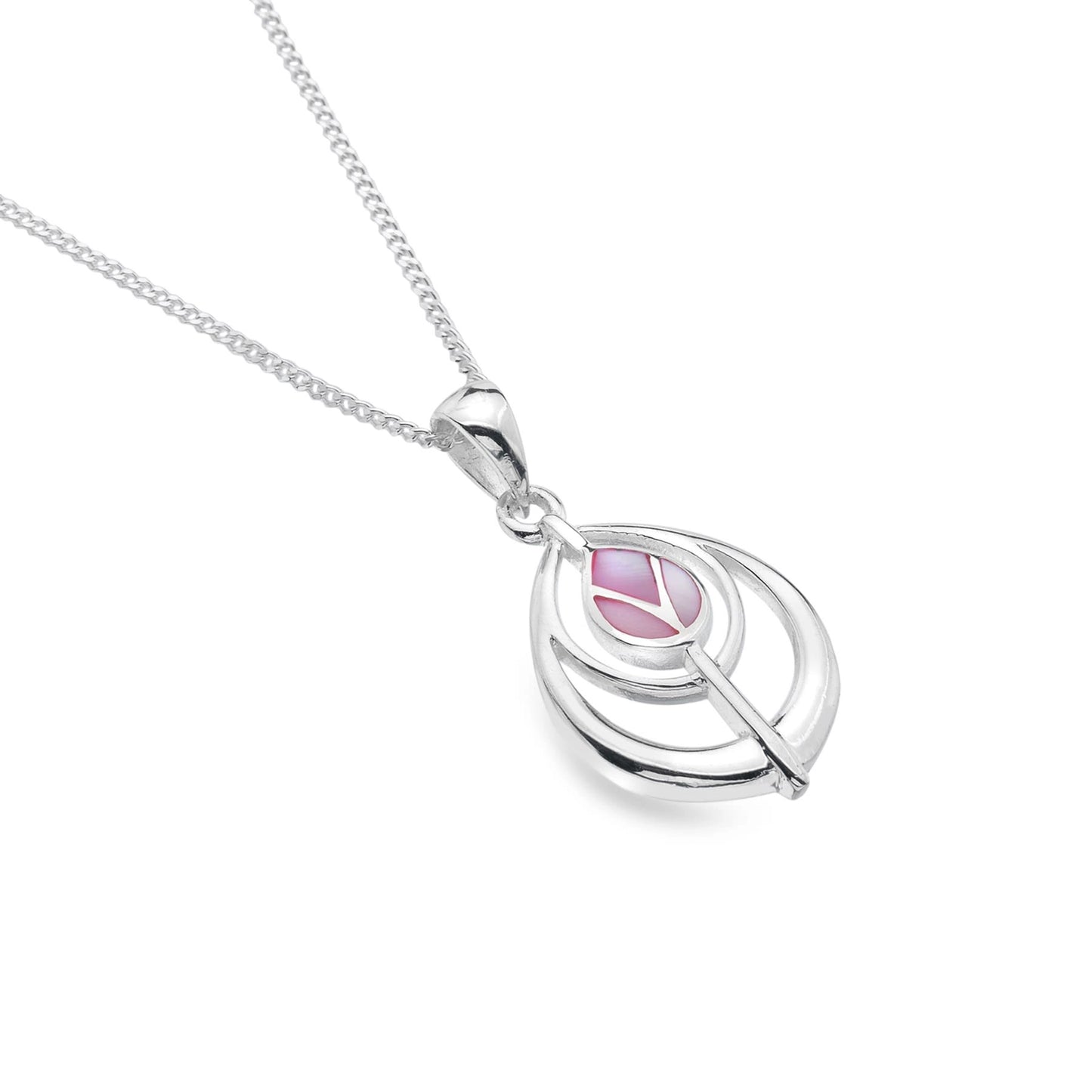 A silver teardrop pendant featuring a pink mother of pearl Mackintosh tulip design