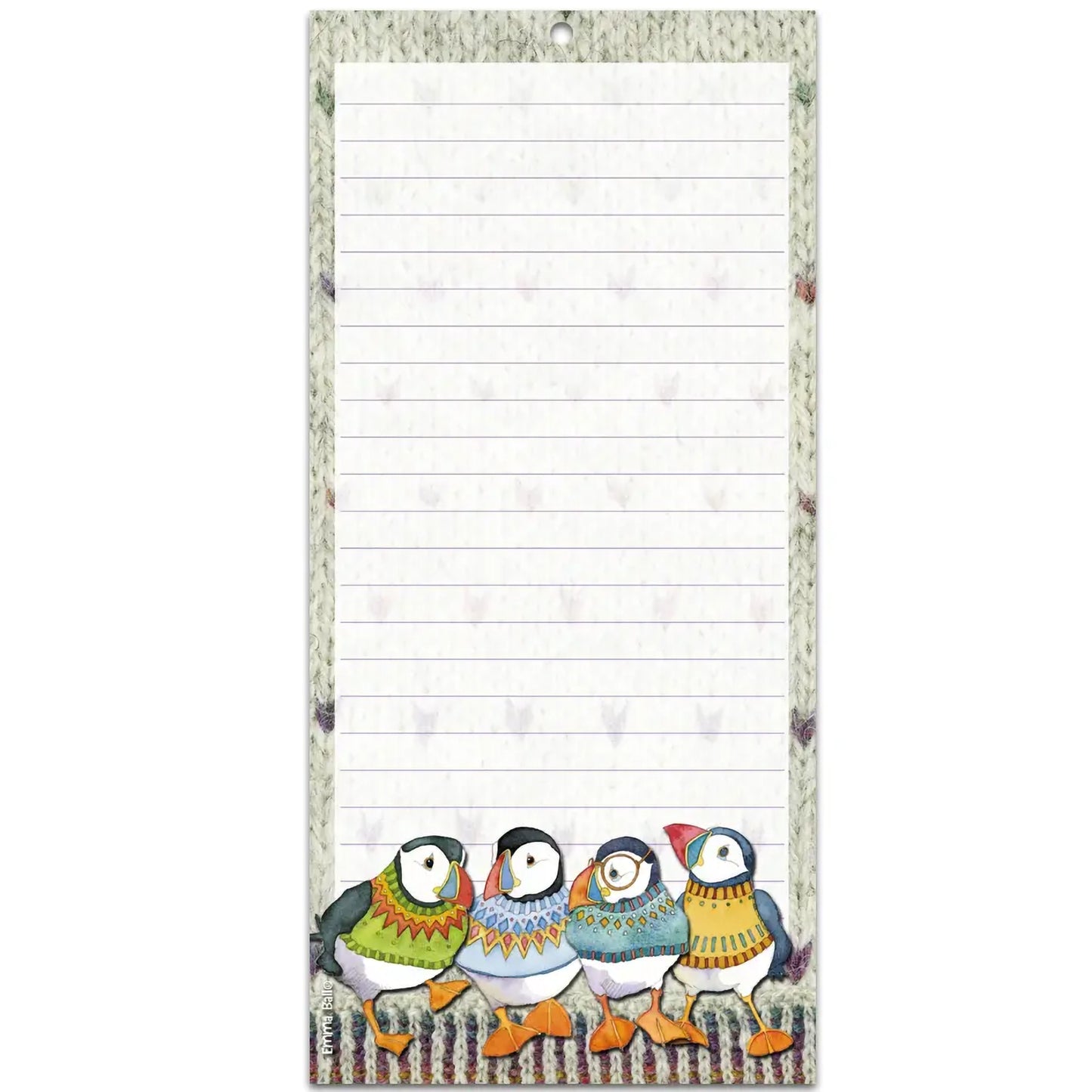A long, lined shopping pad featuring artwork of puffins in woolly jumpers at the bottom